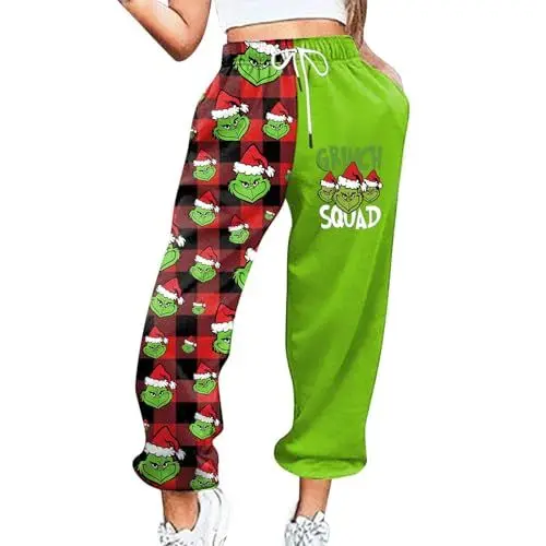 Produktbild: 𝑮𝒓𝒊𝒏𝒄𝒉 Joggpants Damen Weihnachtshose Damen Kariert Winter Jogginghose Damen Homewear Hose Damen Pyjama Kinder Frottee Schlafanzug Damen Karierte Schlafhose Weihnachts Pyjama Hose Rot XL